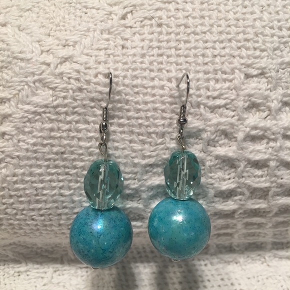 Blue ball & crystal earrings Custom Crafted - Picture 3 of 4